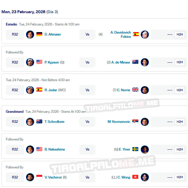 atp acapulco ronda1 partidos lunes23 febrero 2026 tiroalpalo