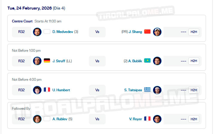 atp dubai ronda1 partidos martes24 febrero 2026 tiroalpalo