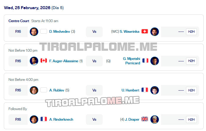atp dubai ronda2 partidos miercoles25 febrero 2026 tiroalpalo